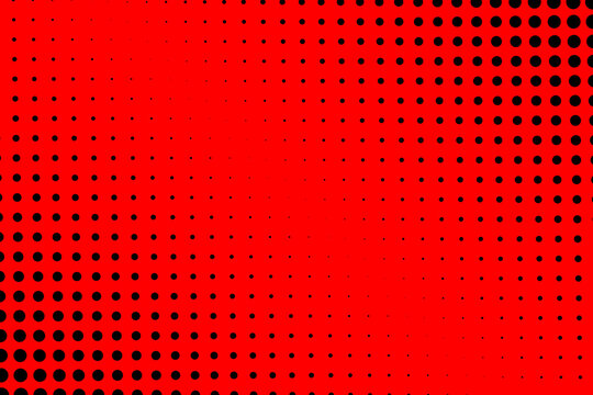 Retro-style black halftone polka dot pattern, featuring a striking diagonal gradient on red background.