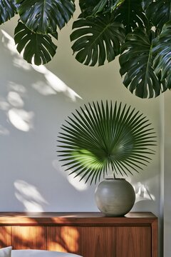 Hand-thrown ceramic planter with palm frond on teak console in Tropical Modernism lounge, framed by large monstera leaves and dappled light
