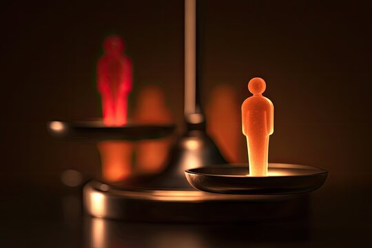 Human figures balanced on scales, one brightly lit, the other shadowed