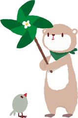 Naklejka premium Cute Pinwheel Illustration with a Sea otter Character and a Small Bird