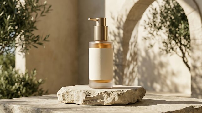 Cosmetic pump bottle on stone podium for skincare product display in Mediterranean setting