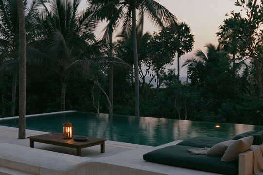 Tropical Modernism villa pool at dusk with turquoise water, glowing lantern, and sculptural limestone deck surrounded by lush palm trees