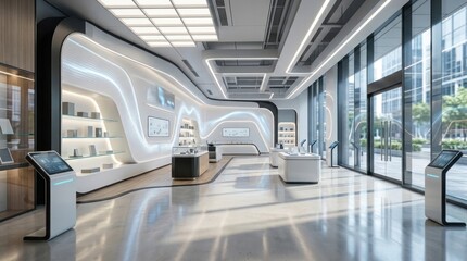 Obraz premium Sleek, modern interior with interactive displays and smooth, curved design elements, sunlight streaming in