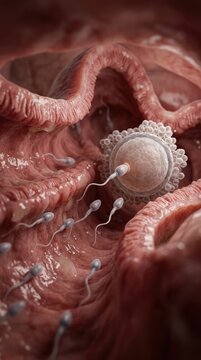 Gamete fusion initiation: sperm navigate, ovum fertilize, embryo develop, human reproduction, female system, cellular process, internal view, beginning journey.
