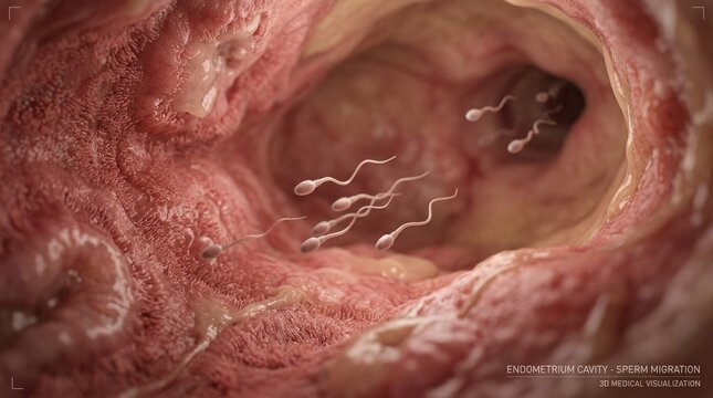 Cellular genesis voyage: sperm navigate, female system, internal view, fertilize process, early embryo, human develop, reproduction journey.