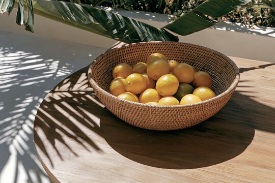 Woven basket filled with fresh yellow lemons on a round teak table in a Tropical Modernism outdoor kitchen with banana leaf shadows