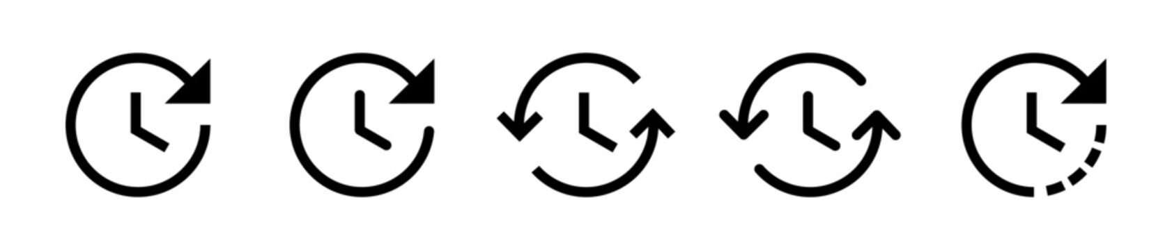 Clock with arrow icon set. Reverse arrow with watch