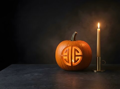 Elegant Glowing Jack-O'-Lantern with Lit Candle on Moody Dark Background for Spooky Autumn Vibes and Festive Decor