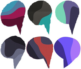 Naklejka premium A set of retro risograph-style halftone speech bubbles in bold layered colors and mixed media shapes.