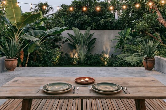 Two ceramic plates and cutlery set on a teak dining table surrounded by tropical plants on a modern terrace illuminated by string lights