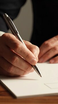 A Close-Up of a Hand Holding a Silver Pen, Gently Writing on a Blank Sheet of Paper in a Sophisticated Environment, Symbolizing Creativity and Expression