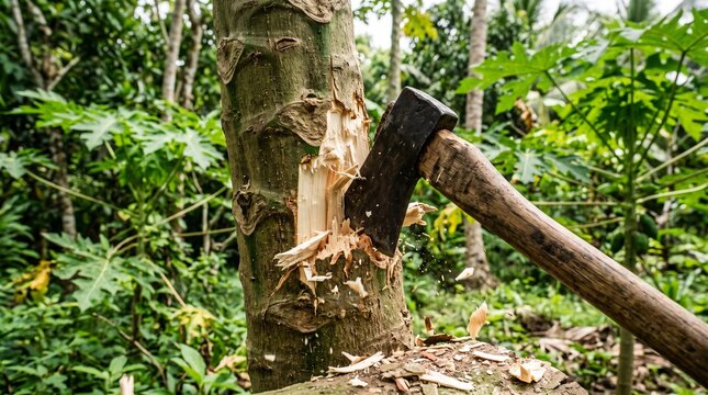 Chopping down a tree with an axe in a lush tropical forest environment