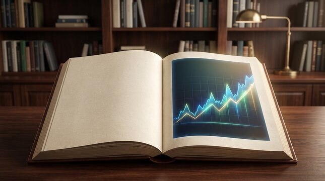 Open book with graphs and charts illustrating financial growth
