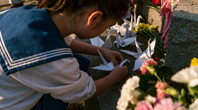 Young girl paying respects at a gravesite with flowers and candles
