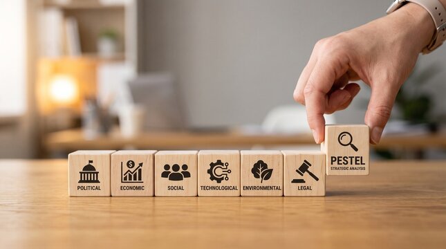 PESTEL analysis wooden blocks for business strategy, strategic planning framework cubes, macro-environmental factors concept