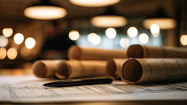 Rolled blueprints and pen on desk with warm overhead lights