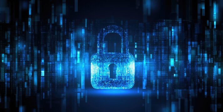 Digital lock icon formed by glowing blue binary code, abstract background