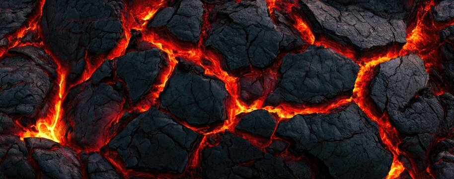 Close-up of cracked earth with glowing molten rock seeping through fissures