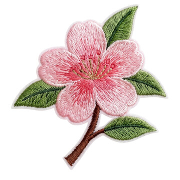Pink peach flower with leaf embroidered patch badge isolated background