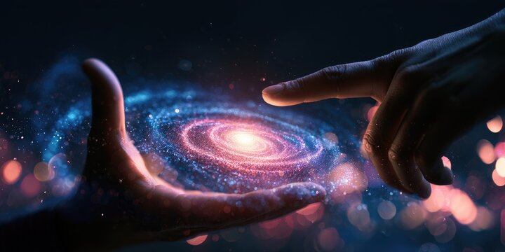 Two hands reach out to touch a swirling, luminous galaxy in cosmic embrace