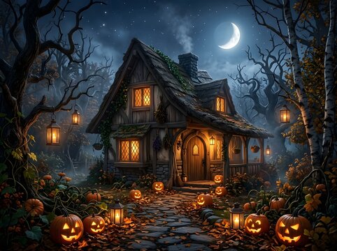 Enchanting Halloween Cottage Illuminated by Warm Lanterns and Jack-O'-Lanterns Under Mystical Moonlit Sky