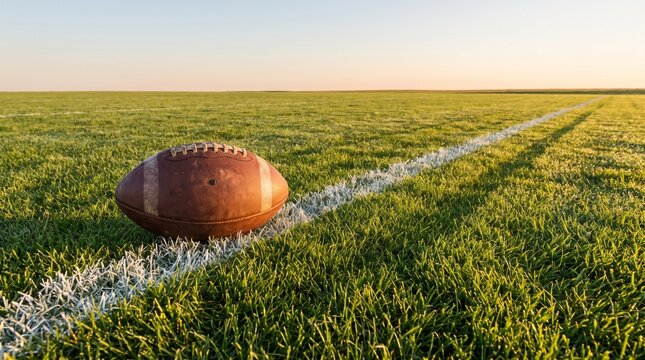 American football resting on a white yard line on a grassy field.