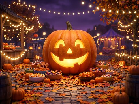 Glowing Jack-O'-Lantern Centerpiece Surrounded by Autumn Treats and Festive String Lights in Cozy Harvest Market Scene