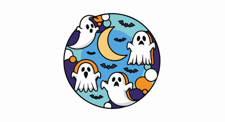 Fototapeta premium Halloween ghosts and bats under crescent moon