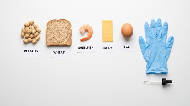 Common food allergen with label peanuts wheat shellfish dairy egg and medical glove with pipette. Food allergy testing and intolerance diagnosis concept for healthcare laboratory examination