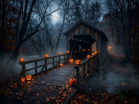 Mystical Autumn Bridge Glowing with Jack-O'-Lanterns Beneath a Hauntingly Beautiful Moonlit Forest Canopy