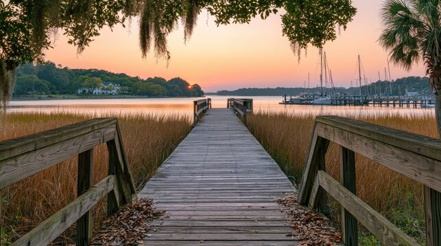 Wooden pier leading to tranquil water with boats at sunset