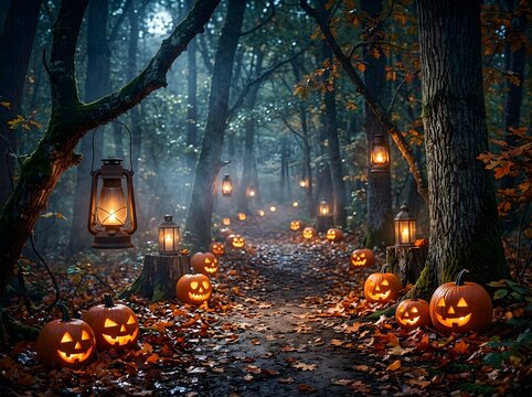 Mystical Autumn Forest Path Illuminated by Glowing Jack-O'-Lanterns and Vintage Lanterns Amidst Fallen Leaves