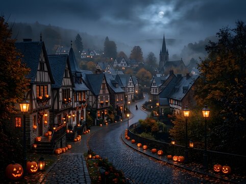 Mystical European Village Glows with Enchanted Halloween Lanterns Beneath a Hauntingly Beautiful Moonlit Sky