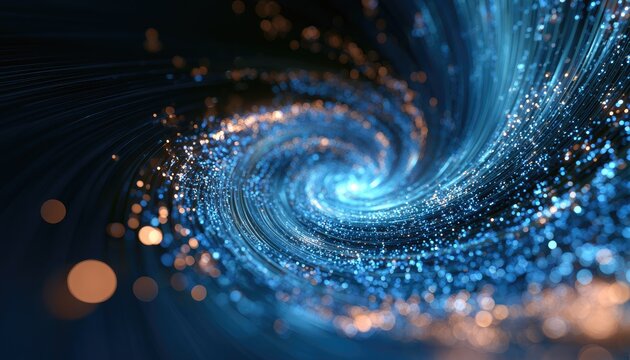 Swirling blue and gold abstract light forms create a cosmic vortex of energy