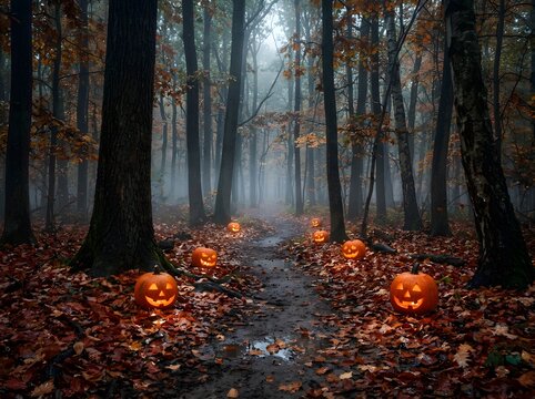 Mystical Glowing Jack-O'-Lanterns Illuminating Enchanted Misty Autumn Forest Path with Fallen Leaves and Towering Trees