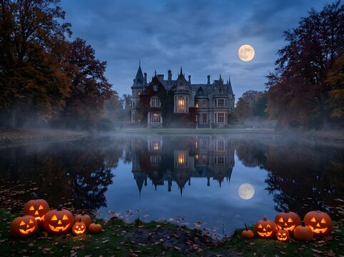 Mystical Gothic Mansion Bathed in Moonlight with Glowing Jack-O'-Lanterns and Serene Reflections in Twilight Pond