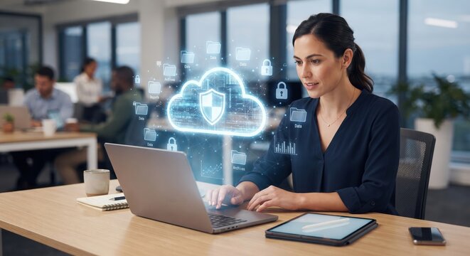 Businesswoman working with cloud security data interface