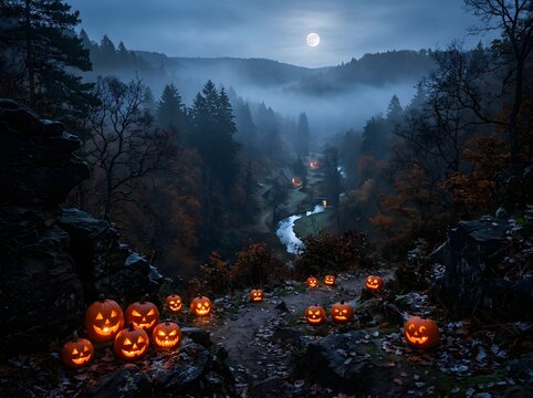 Mystical Moonlit Forest Valley Glowing with Illuminated Jack-O'-Lanterns Along Misty Pathway Under Twilight Sky