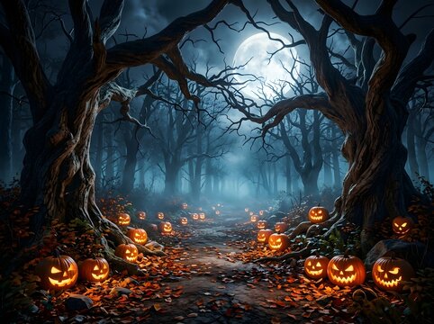 Mystical Moonlit Forest Pathway Illuminated by Glowing Jack-O'-Lanterns Amidst Autumnal Leaves and Towering Bare Trees