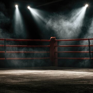 Dramatic boxing ring with spotlights and atmospheric smoke
