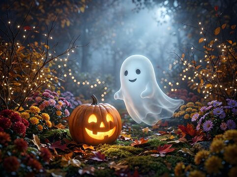 Whimsical Ghost with Smiling Face Floating Near Glowing Jack-O'-Lantern Amidst Enchanted Autumn Garden with Twinkling Lights and Colorful