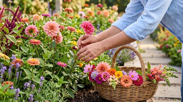 Woman picking colorful garden flowers
