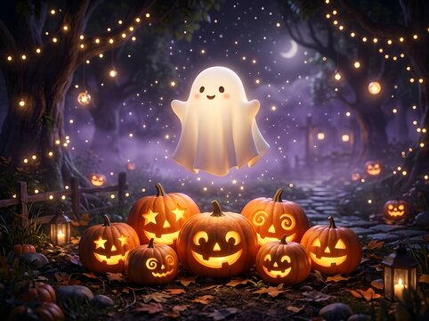 Whimsical Glowing Ghost Hovering Over Magical Jack-O'-Lanterns in Enchanted Twilight Forest Scene with Sparkling Lights