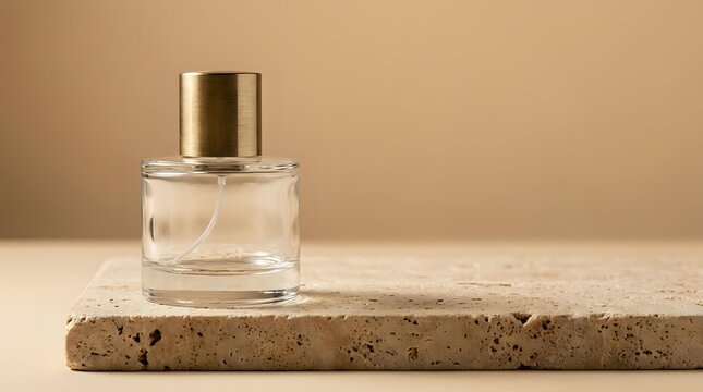 Transparent glass perfume bottle with gold cap displayed on natural