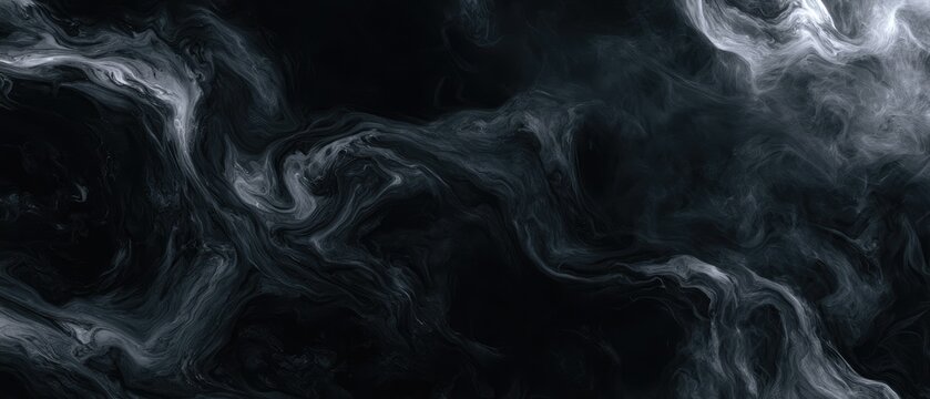 Swirling dark smoke or mist textures drift across a black, deep background