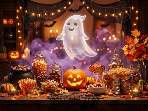 Whimsical Halloween Table Display Featuring Glowing Ghost, Jack-O'-Lantern, and Colorful Candy Treats Under Warm Fairy Lights