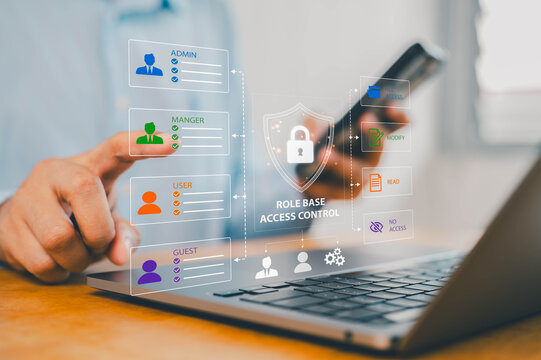 Digital role-based access control concept showing secure permissions, user roles, and identity management on a laptop interface, representing cybersecurity, data protection, and network security.