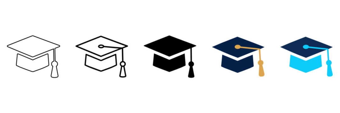 Set of graduation cap icons, academic mortarboard symbols in various styles including outline, solid black, and colored flat design, editable stroke