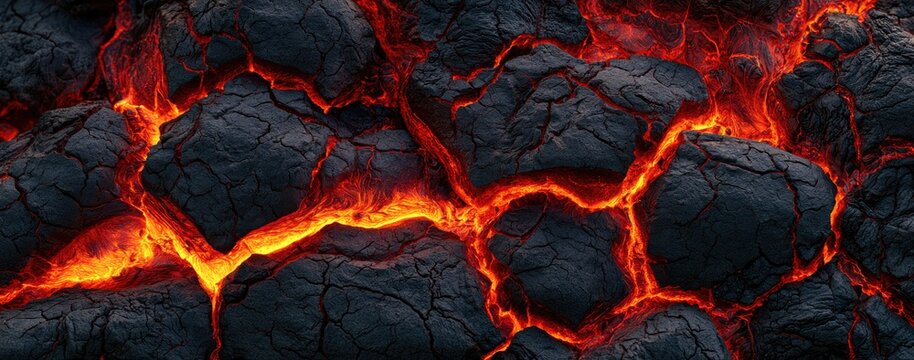 Molten rock fissures glow with fiery orange and yellow heat under cracked, dark, earthy surfaces