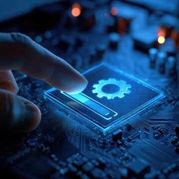 Finger touches glowing blue interface on circuit board, progress bar filling